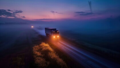 A solitary truck with illuminated headlights travels down a fog-covered country road as the first light of day begins to break, creating a mystical atmosphere