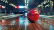 Close-up of a red bowling ball on a shiny wooden bowling lane with blurred bowling pins in the background
