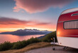 Caravan house trailer camping in mountain nature
