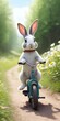 Funny rabbit on a bicycle with flowers in spring meadow. AI generated