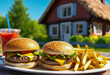 Fast food hamburger with french fries on picnic table.