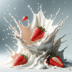 Wall Mural - Bunch of strawberries with splashing milk flying. Flying strawberries with milk splash. Strawberry shake or yogurt advertising design mockup and banner design.
