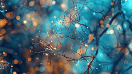 Neurons or nervous system impulses in human brain and body, abstract view on lights