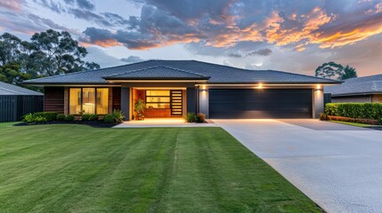 Twilight shot of a family home with warm interior lights, neatly manicured lawn, and a spacious driveway