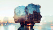 Double exposure portrait profile of calm thoughtful couple, woman and man, relationship concept
