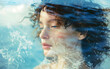 Double exposure portrait profile of calm thoughtful young woman with element water style, sea waves