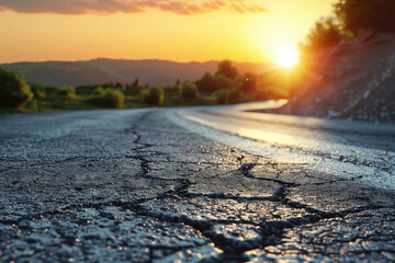  Cracked asphalt and curve road at sunset