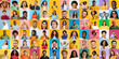 Colorful collection of smiling people's portraits on colorful background
