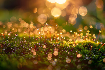 Canvas Print - Natural background, texture. Moss with water droplets on a background of a beautiful sunset