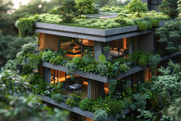 Aufkleber - A rooftop adorned with greenery, part of an eco-friendly building designed to maximize energy efficiency and sustainability. Concept of green building practices. Generative Ai.