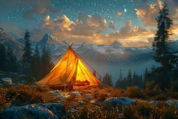 Sticker - A nomad's tent pitched beneath a canopy of stars, where dreams roam freely under the open sky. Concept of wanderlust and freedom. Generative Ai.