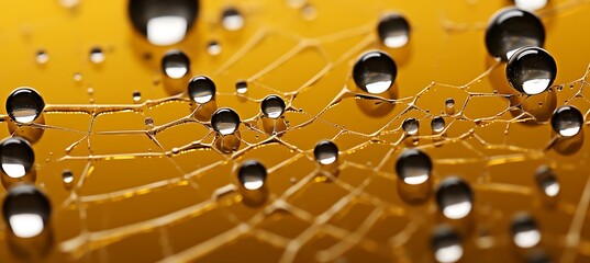 A Close-up of a Dew-Covered Spider Web with Yellow Backdrop