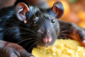 Wall Mural - A rodent with whiskers is nibbling on cheese with holes, a small animal food