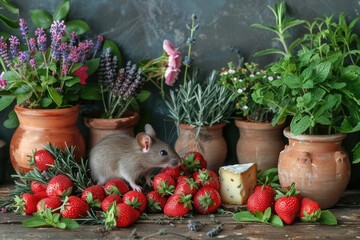 Wall Mural - A rodent with whiskers is nibbling on cheese with holes, a small animal food