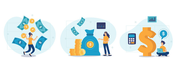 Wall Mural - Passive income illustration set. Characters enjoying financial freedom and independence. Successfully and free of debts people planning budget. Vector illustration.