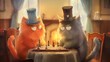 two cats sit at a table playing chess together, two are wearing hats
