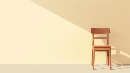 Wall Mural - Minimalist wooden chair against pastel yellow wall with stylish shadows