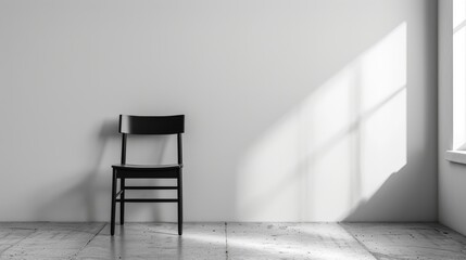 Wall Mural - Minimalist interior with black chair and sunlit shadows on white wall