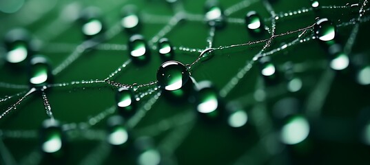 Wall Mural - A Close-up of a Dew-Covered Spider Web with Red Backdrop