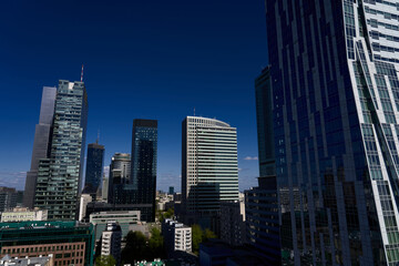  Close-up of skyscrapers. An architectural combination of metal and glass. The center of the metropolis