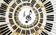 musical notes and piano keys forming circular pattern white background, gold color palette musical notes in the center of spiral pattern with black keyboard around it Generative AI
