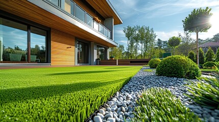 Beautiful exterior landscaping front yard garden for modern home with contemporary grass lawn and wooden edging.