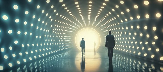 Sticker - Within a brightly lit tunnel formed by myriad small blue dots, two individuals stand at the center, with a digital grid backdrop and luminous light effects.