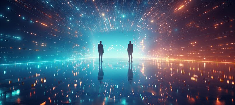 Two individuals are seen standing amidst an illuminated tunnel comprised of countless small blue dots, with a digital grid backdrop and luminous light effects.