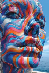 Poster - A colorful face painted on a wall by the ocean, AI