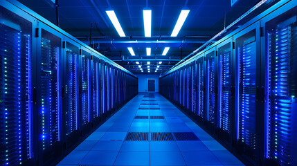 Poster - The image shows the interior of a data center with multiple rows of server racks. The server racks are tall and black, equipped with numerous slots, possibly containing servers or other electronic equ