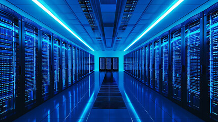 Wall Mural - The image shows the interior of a data center with multiple rows of server racks. The server racks are tall and black, equipped with numerous slots, possibly containing servers or other electronic equ
