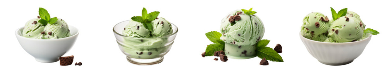 Collection of Mint-Chocolate Chip Sorbet isolated on transparent png background. Generative ai