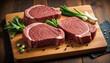 fresh raw prime red angus beef steaks on wooden board
