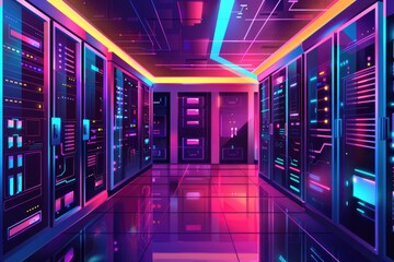 Poster - A long hallway filled with rows of servers, ideal for technology and data center concepts