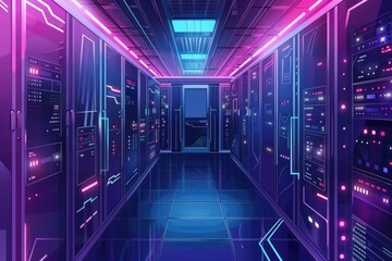 Poster - A row of servers in a spacious hallway. Ideal for technology concepts.