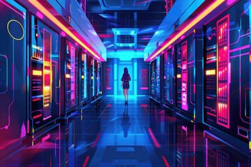Poster - A person standing in a server room with neon lights. Suitable for technology and cybersecurity concepts