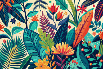Fototapete - Vibrant botanical illustrations in a mid-century modern color palette