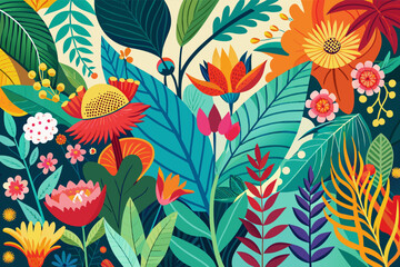 Wall Mural - Vibrant botanical illustrations in a mid-century modern color palette