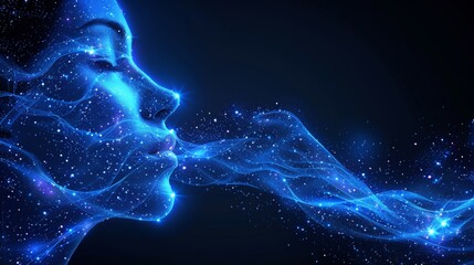 Wall Mural - A woman blowing smoke into the air with blue stars, AI