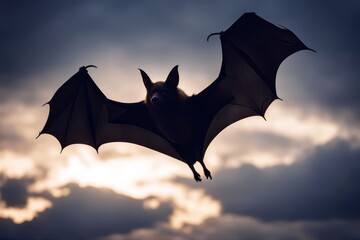 'flying dark bat sky cloudy halloween night black gothic skittish moon silhouette fly satanic ugliness sunset party devil white cloud holiday fear wing horror background space paganism blood animal'