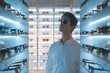 © Ева Поликарпова - A man standing in front of a wall of sunglasses. Ideal for fashion or retail concepts