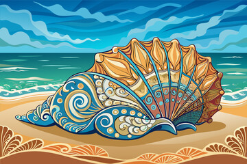Poster - The intricate patterns of a seashell washed up on the shore
