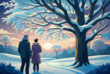 The Couple Pausing To Admire The Beauty Of A Frostcovered Tree, Its Branches Glistening In The Soft Light Of Dawn