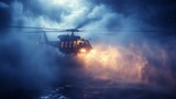 A helicopter flying through the night sky with a fire on board, AI