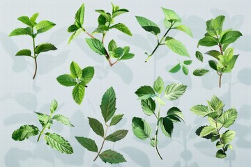 Aufkleber - Fresh green leaves arranged on a clean white surface. Ideal for nature or environmental concepts