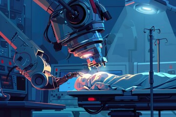 Poster - A man laying in a hospital bed under a microscope. Can be used for medical or scientific concepts