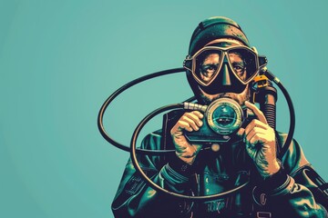 Poster - A man wearing a gas mask holding a camera. Suitable for concepts related to pollution or photography