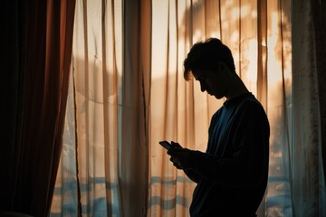 Poster - A man standing in front of a window, using his cell phone. Suitable for technology concepts