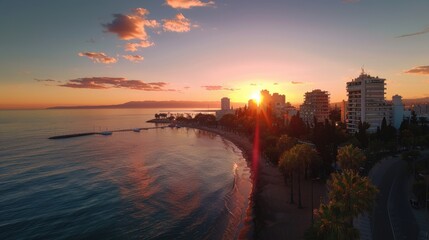 Poster - Beautiful sunset over a beach with buildings in the background. Ideal for travel and vacation concepts