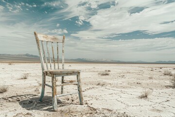 Aufkleber - A wooden chair placed in a barren desert landscape. Ideal for illustrating isolation and solitude